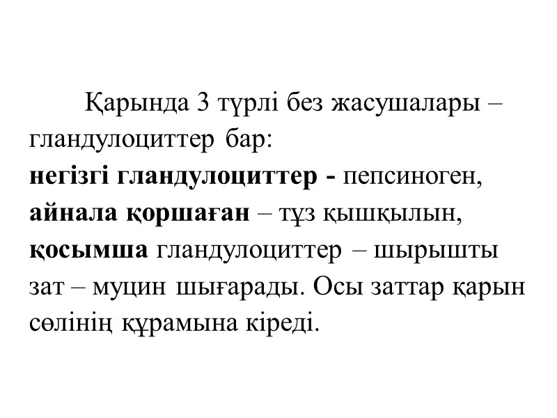 Қарында 3 түрлі без жасушалары – гландулоциттер бар:  негізгі гландулоциттер - пепсиноген, айнала